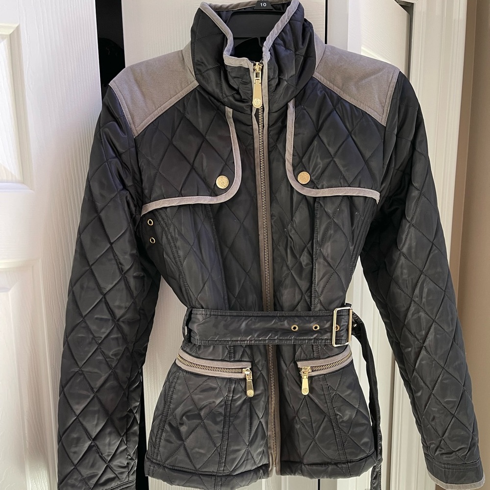 Vince Camuto quilted, belted, military jacket. Black and gray suede. Medium